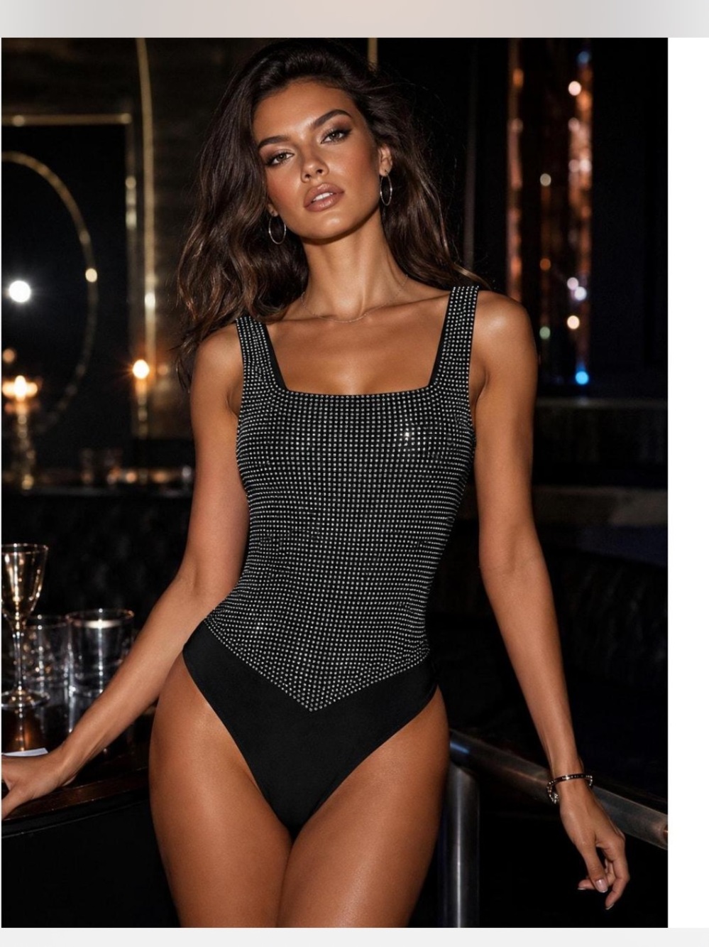 Good American Black Rhinestone Bodysuit